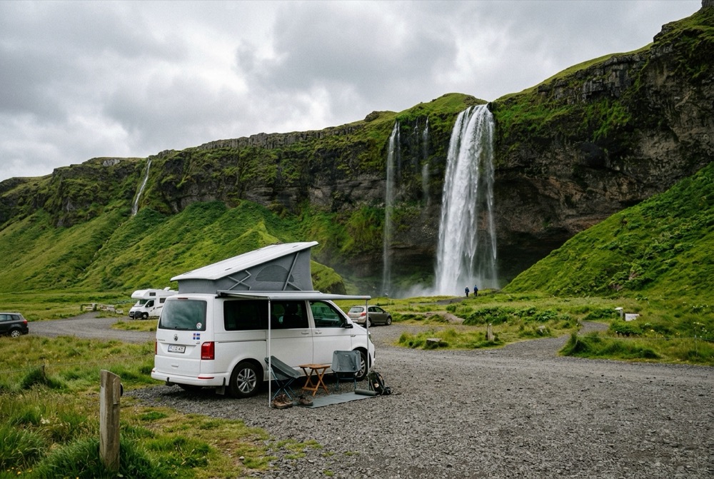 Campervan parked near an Icelandic waterfall and green cliffs