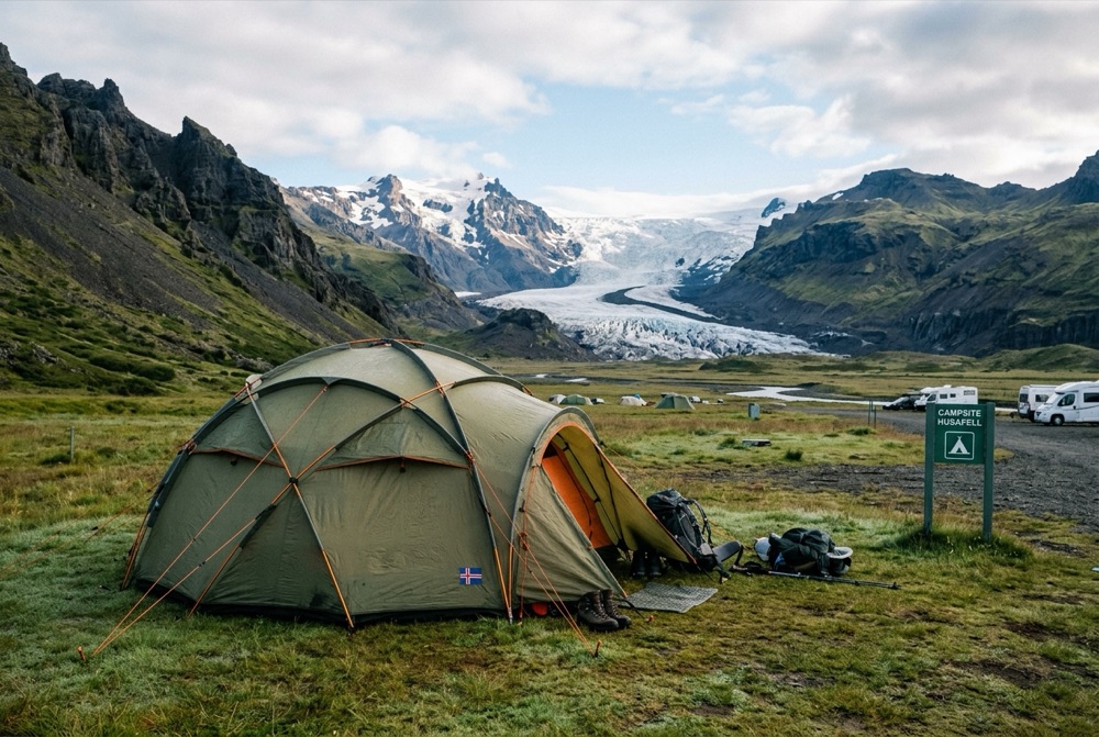 Geodesic camping tent pitched in a green valley in Iceland