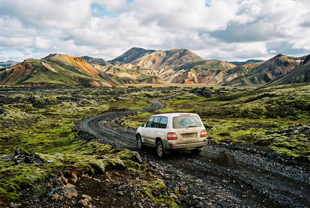 4x4 SUV driving on a volcanic gravel road in the Icelandic Highlands