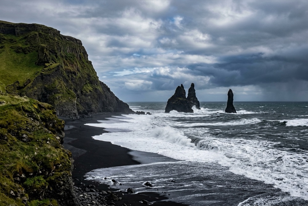 Black sand beach and sea stacks near Vík on the South Coast of Iceland