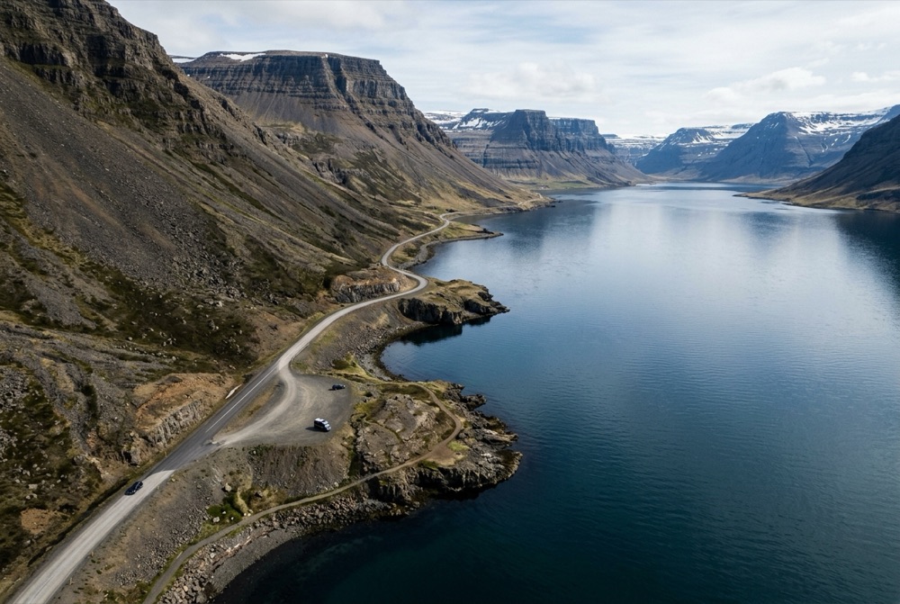 Scenic coastal road winding along a fjord in the Westfjords of Iceland